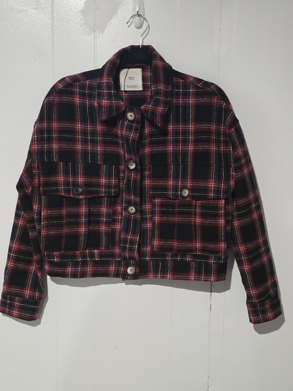 MNG Casual Black & Red Plaid Cropped Jean Jacket